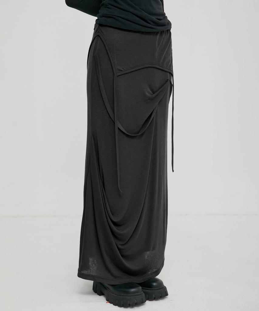 Peulleeoeob Asymmetrical Draped Long Skirt (Fl-263_Black)