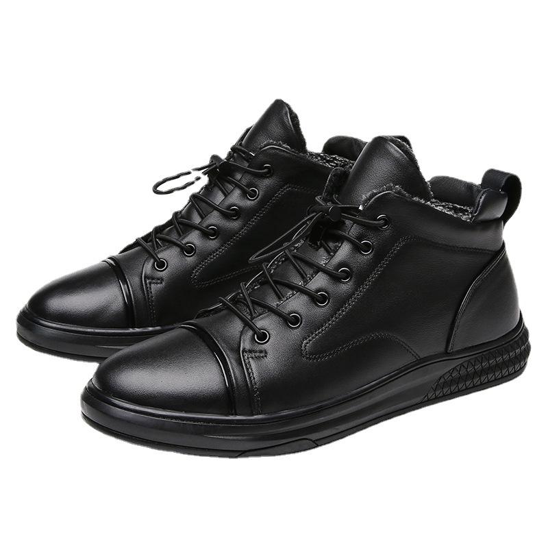 Autumn and winter first-layer cowhide high-top velvet lace-free casual leather shoes men's shoes men's mid-tube board shoes cotton shoes Martin boots