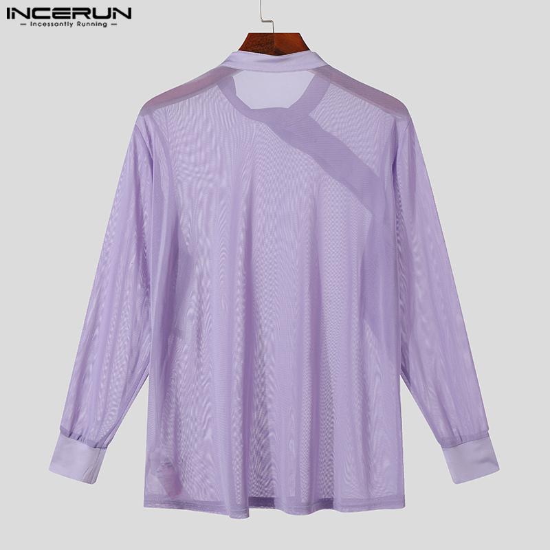 INCERUN Men Mockneck Long Sleeve Mesh Tops Party Button Down Fishnet Shirts