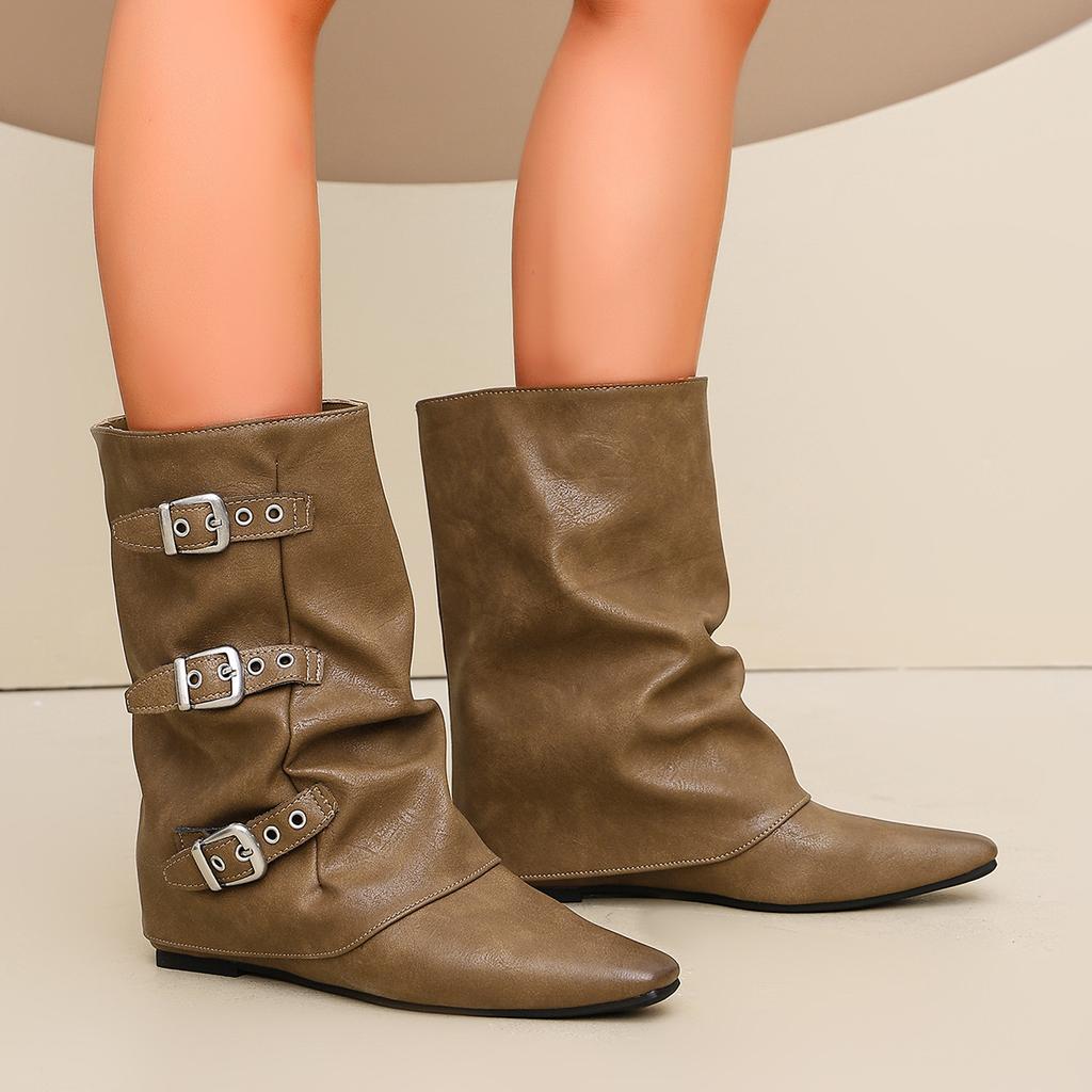 Autumn and winter new large size women's mid-tube leather boots pointed stacking boots belt buckle design fashion short boots