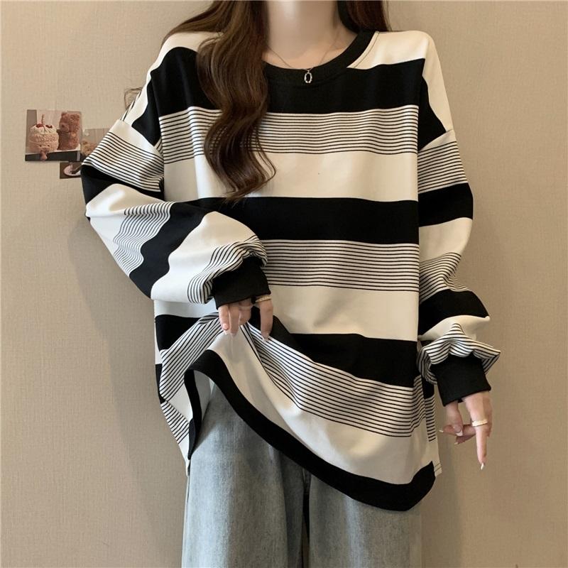 Women s  Striped Loose Long Sleeve Sweatshirt Casual Irregular Hem Top L чёрный