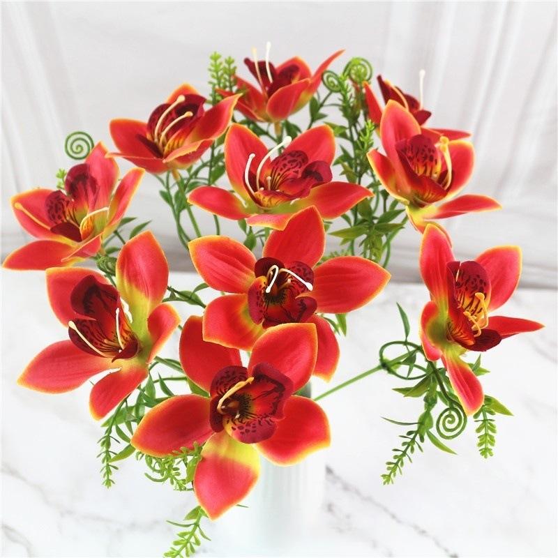 10Pcs/Bouquet Artificial Orchid Flore White Silk Fake Orchid Flower DIY Wedding Back Road Home Desk Vase Accessories Faux Flores