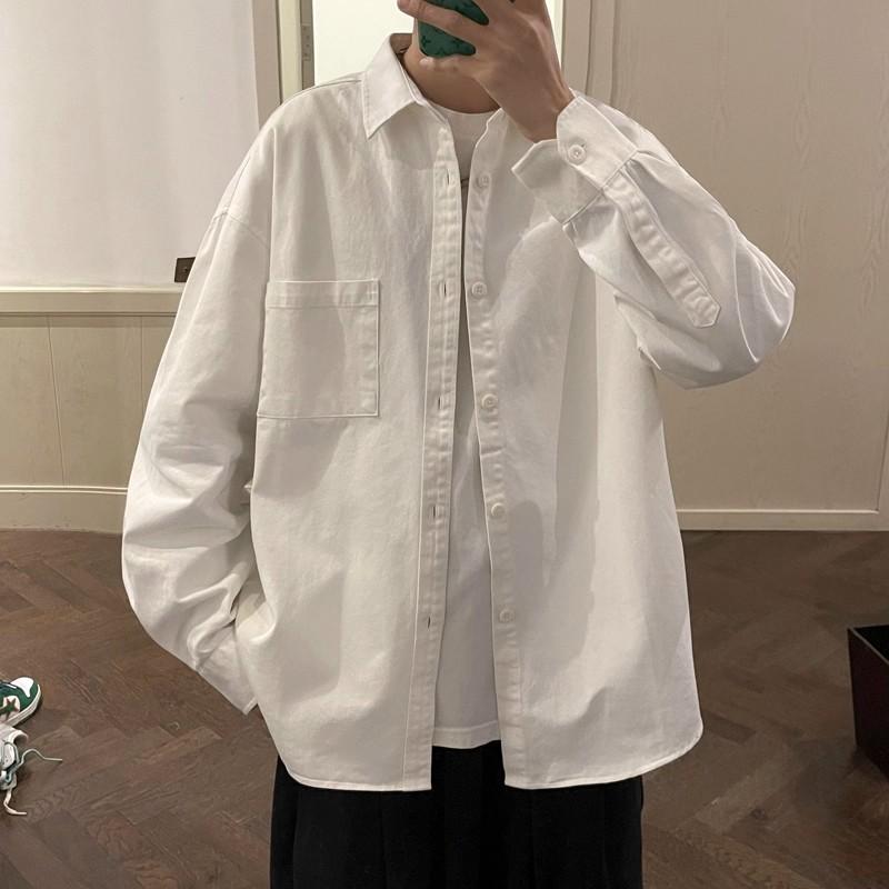 Men's White Cotton Button Down Shirt Casual Pocket Detail Oversized Streetwear Top