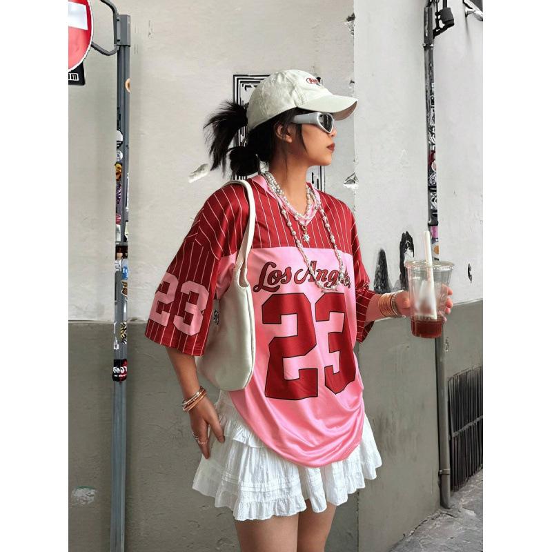 American high street casual sports baseball collar contrasting color short-sleeved letter T-shirt women s summer loose print half-sleeved top S