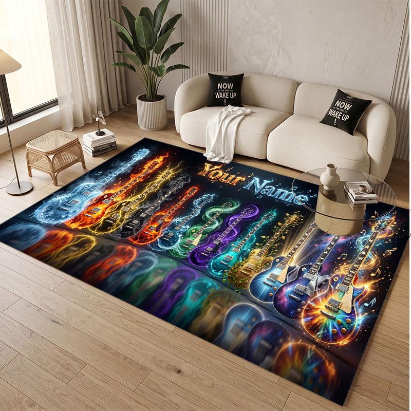 Tappeto Morbido in Velluto di Cristallo a Tema Chitarra Musicale Stampa Personalizzata con Nome e Testo Tappeto Antiscivolo per Camera da Letto Soggiorno
