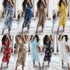 Women's V-Neck Printed Maxi Dress with Waist Tie, Three-Quarter Sleeves, Wrap Style, A-Line Silhouette, Multicolor Options