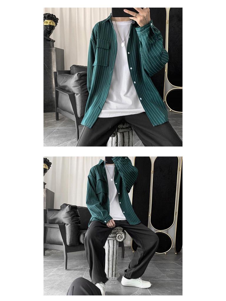 Men's Harajuku Style Striped Long Sleeve Shirt - Trendy, Casual, Loose-Fit, Versatile Korean Button-Down Jacket