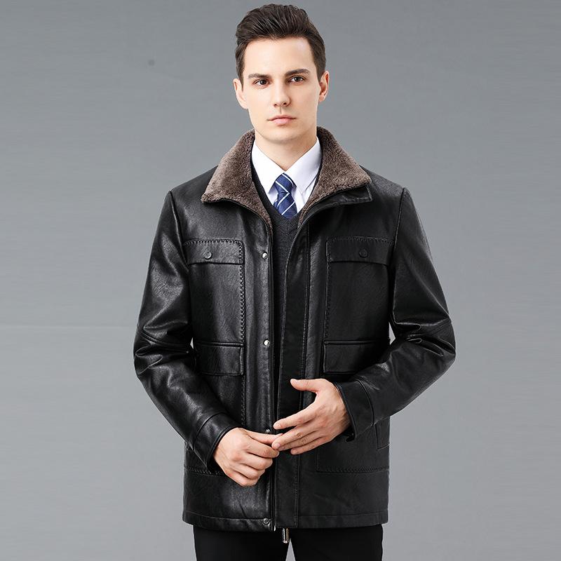 Genuine Leather Jacket Men's Fur Integrated Velvet Thickened Middle-aged Dad Genuine Leather Jacket
