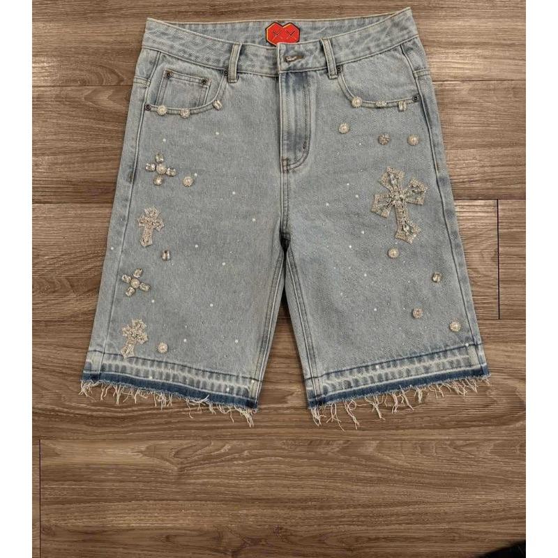 High Street Hip Hop Rhinestone Cross Straight Denim Knee Length Shorts
