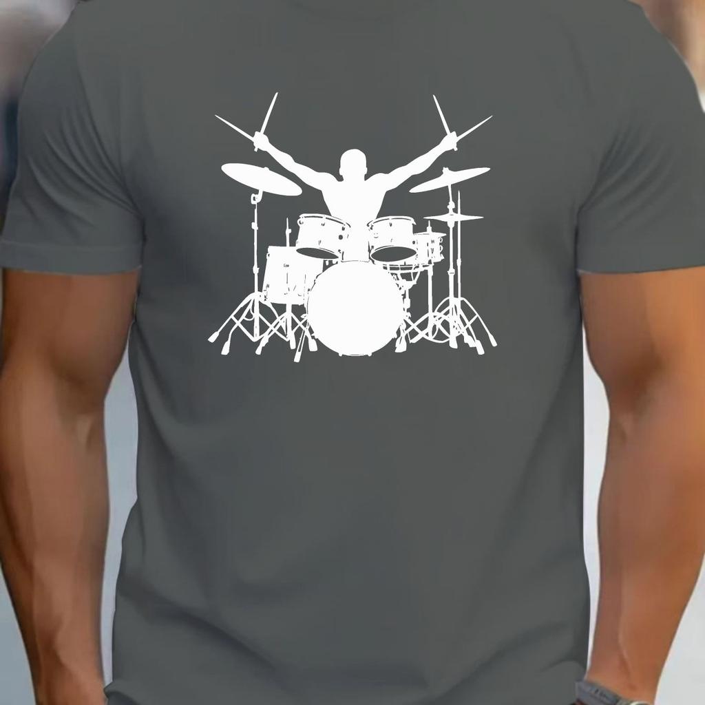 Men's Teens Music Themed Cotton T-Shirt Drum Print Short Sleeve Round Neck Casual Summer Top Breathable