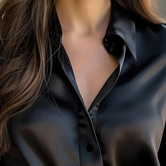 Women Shirt Lapel Long Sleeve Single Breasted Shirt Tops Smooth Fabric Satin Office Lady Shirt Versatile Autumn Wear