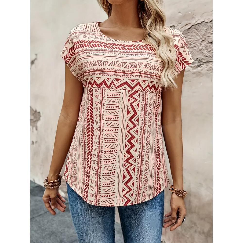 Classic women's striped printed round neck short sleeved shirt