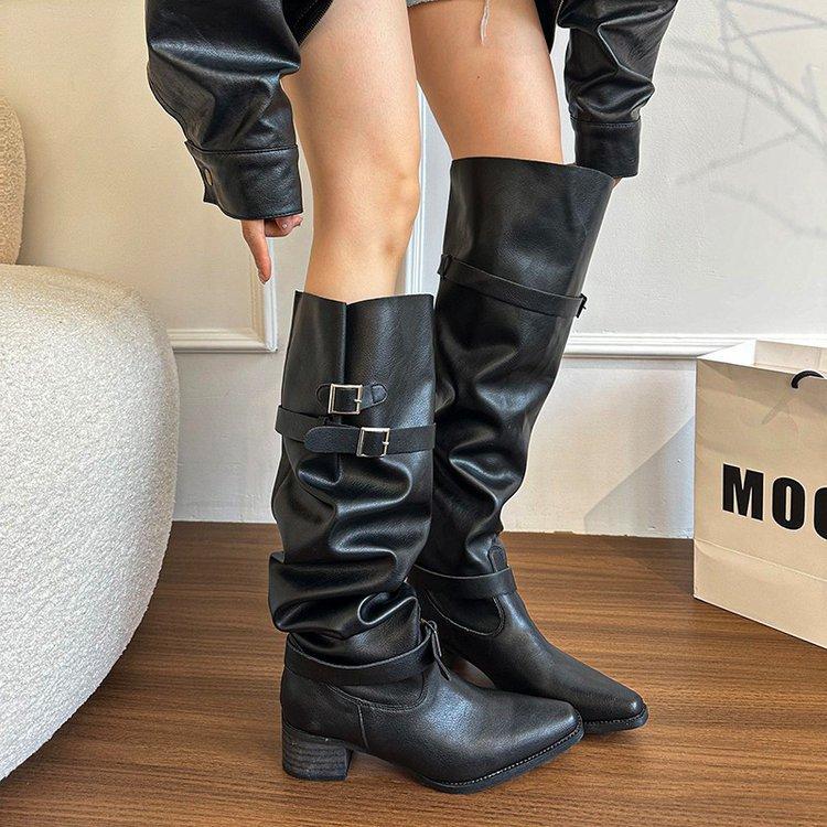 Super Fire Boots, Trouser Boots Women's 2025 New Thick Heel Black But Knee Stacking Boots Big Tube Circumference Knight Boots