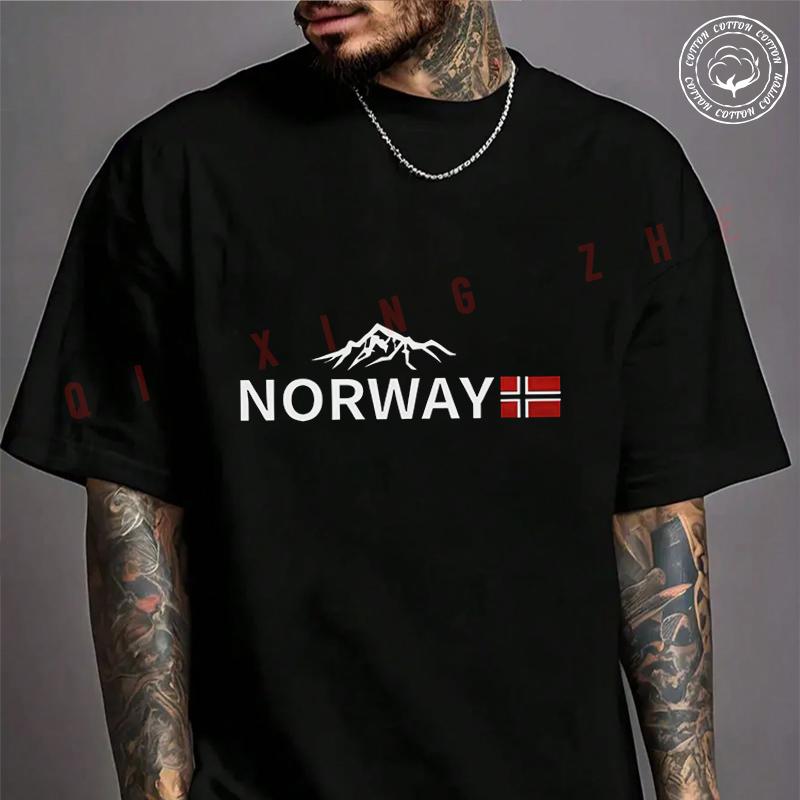 NORWAY Lettering Snow Mountain Motorcycle Men's Cotton Casual Summer Comfortable Short Sleeve