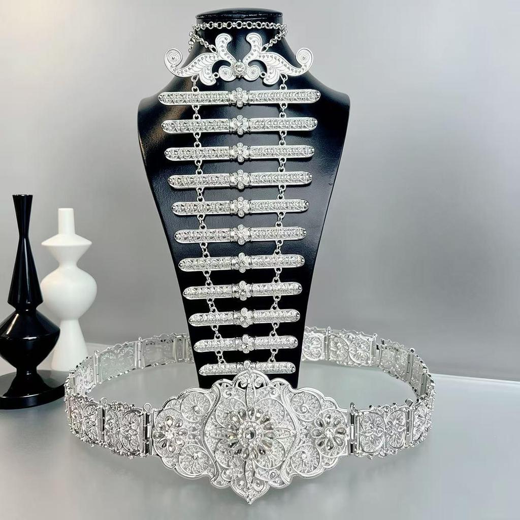 Caucasian Ethnic Rhinestone Waistband & Necklace Set