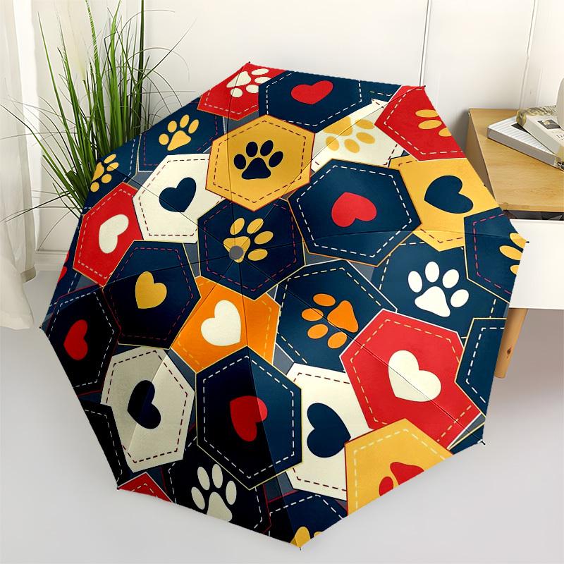 1pc Paw Prints Heart Hexagon Pattern Umbrella with Plastic Handle,Vibrant Cartoon Pattern,Multi-functional UmbrellaPT076