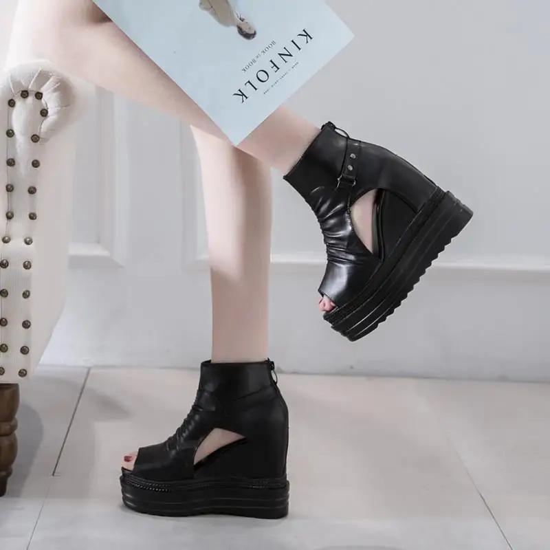 Fashion 2025 New Summer Fashion Platform Wedge Sandals Women 12CM High Heel Sexy Fish Mouth Waterproof Platform Elevation Cool Boots