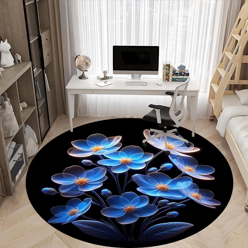 1pc Glowing Blue Flowers Chair Carpet for Office, Round Non-Slip Durable Large Size Office Carpet, Suitable for Office, Beautiful Decoration