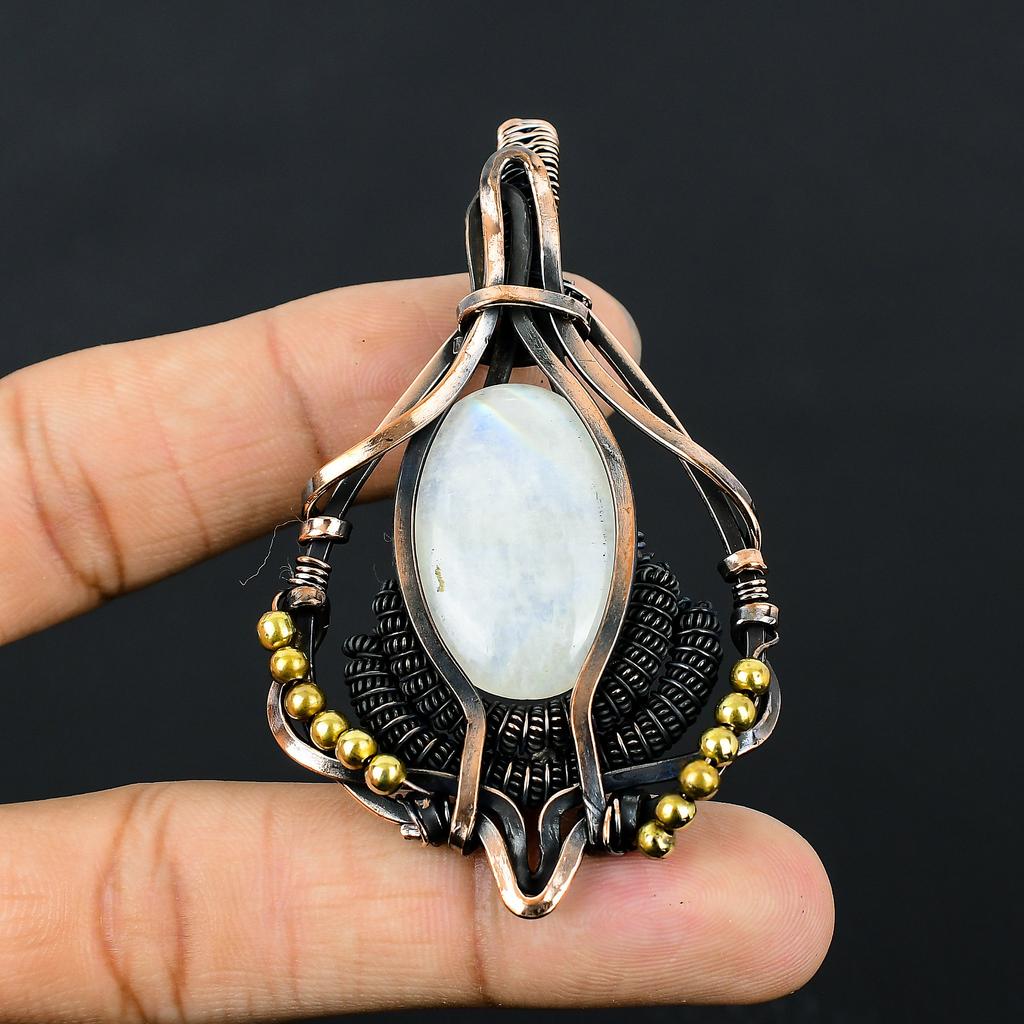 Natural Rainbow Moonstone Gemstone Handmade Copper Wire Wrap Pendant 2.95" A3n59