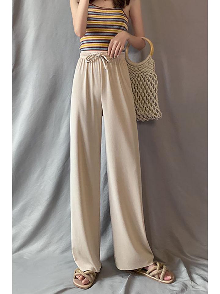 

2025 Женские брюки с высокой талией из ледяного шелка с широкими штанинами - Весенне-летние тонкие, длиной до пола, свободные, прямого кроя, с повседневным драпированным дизайном One Size