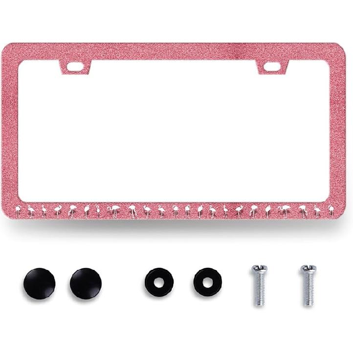 Pink Flamingo License Plate Frame Beautiful Glitter Animal License Plate Holder For Car Decorative Stainless Steel Colorful License Plate Flamingos