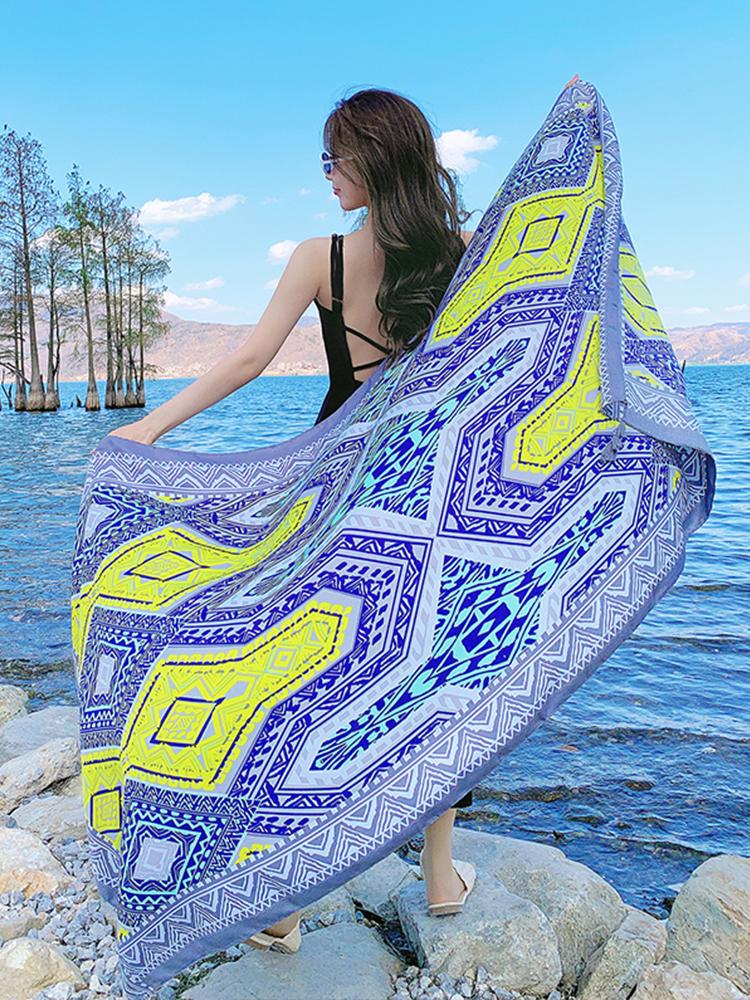 Summer Elegant Women Silk Scarf Beach Wrap Shawls Vintage Geometric Print Lady Sunscreen Bandana Hijab Mujer Boho Scarve Pareo