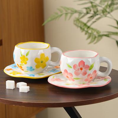 High-value Korean Hand-painted Small Floral Cup, Afternoon Tea Ins Style Niche Hand-painted Ceramic Coffee Cup and Saucer