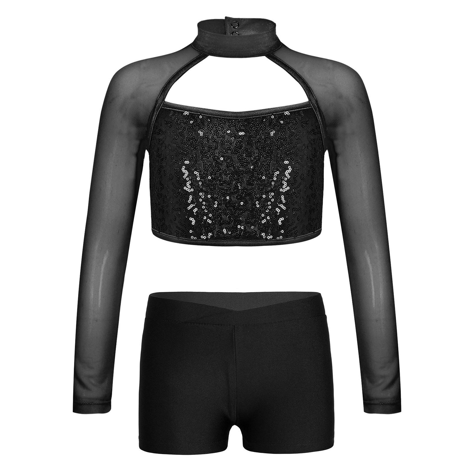 

Girls Shiny Sequins Crop Top Sheer Mesh Mock Neck Long Sleeve Cutout V Waistband Shorts Dance Outfit 5-6 Years чорний