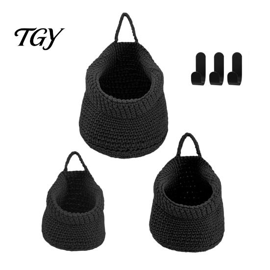 Wall Mounted Storage for Nursery 3PCS Woven Hanging Bag, Natural Cotton Rope Fruit Baskets, Organizer Hair Accessories Boho
