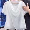 Damen Chiffon Schalkragen Kurzarm Bluse Locker Elegant Lässig Oberteil