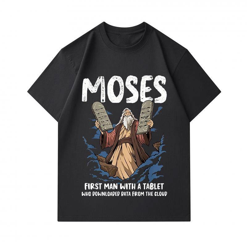Mens 100% Cotton Crew Neck Short Sleeve Tshirt Funny Moses First Man With A Tablet Graphic Casual Religious Humor Tees For Daily Wear
