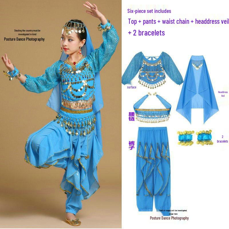 Costume da Danza Indiana per Bambini: Costume per Esibizione di Danza del Ventre e Minoranze dello Xinjiang per Bambina