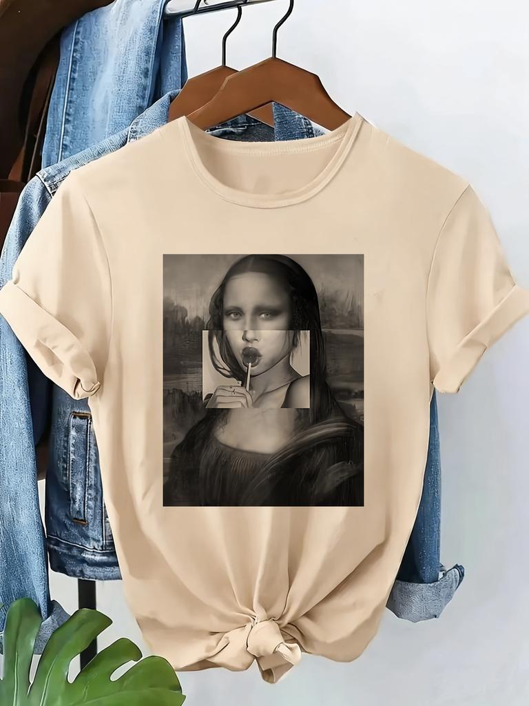 Lustiges Mona Lisa 90er Streetwear Lässiges Y2k Mode T-Shirt Druck Kurzarm T-Shirt Kleidung Oberteil Sommer Damen Mädchen Shirt