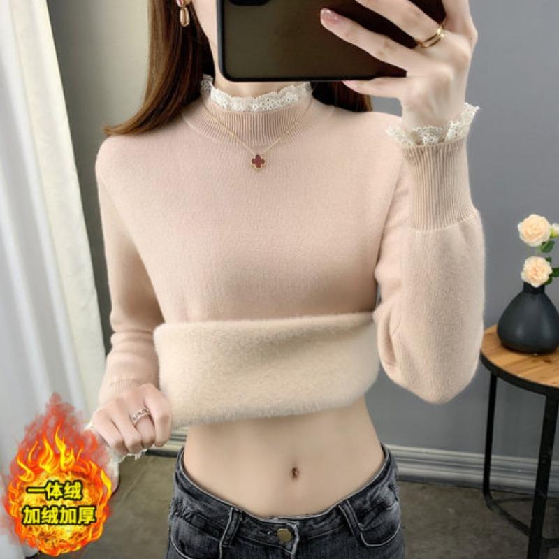 Autumn and winter new high-quality integrated fleece sweater women's semi-turtleneck inner slim-fitting thickened knitted bottoming shirt women's