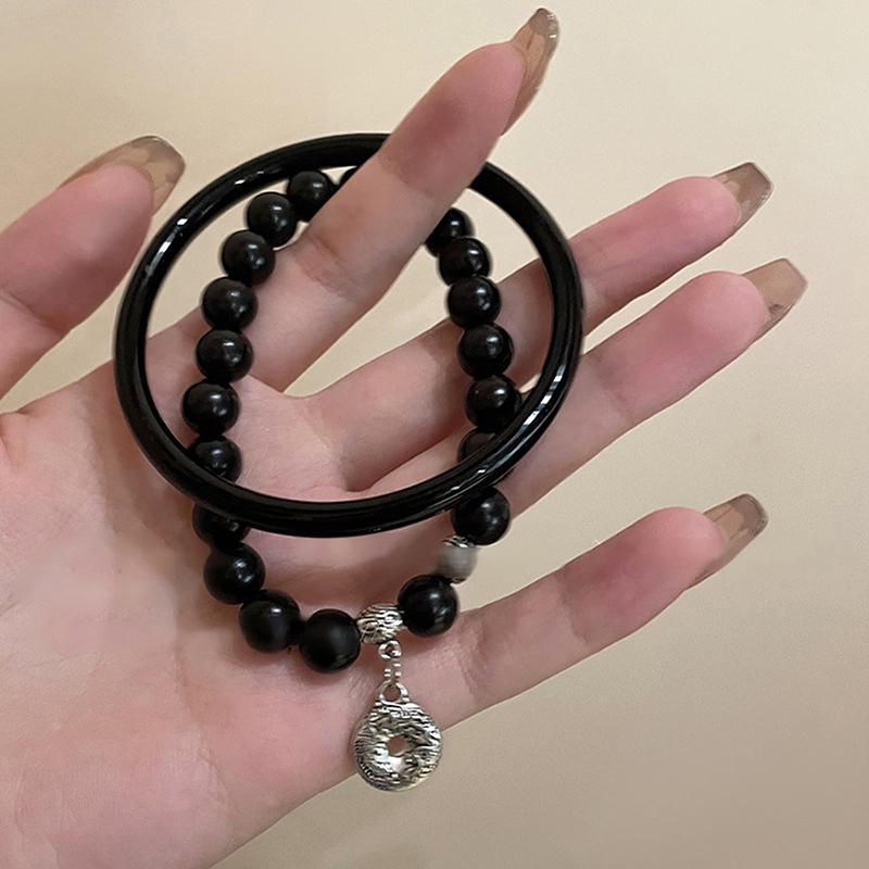 Vintage Design Black Bead Bracelet Light Luxury Elastic Pendant Chain Bracelet Couple Bracelets Girls Women Jewelry Accessories