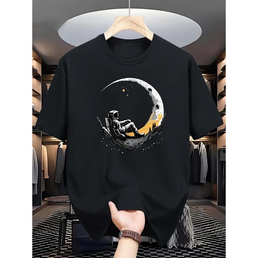 Camiseta Casual de Manga Corta para Hombre de Algodón 100% Puro, Corte Holgado, Estampado de Astronauta Iniciando Sesión y Luna, Cómoda, Cuello Redondo