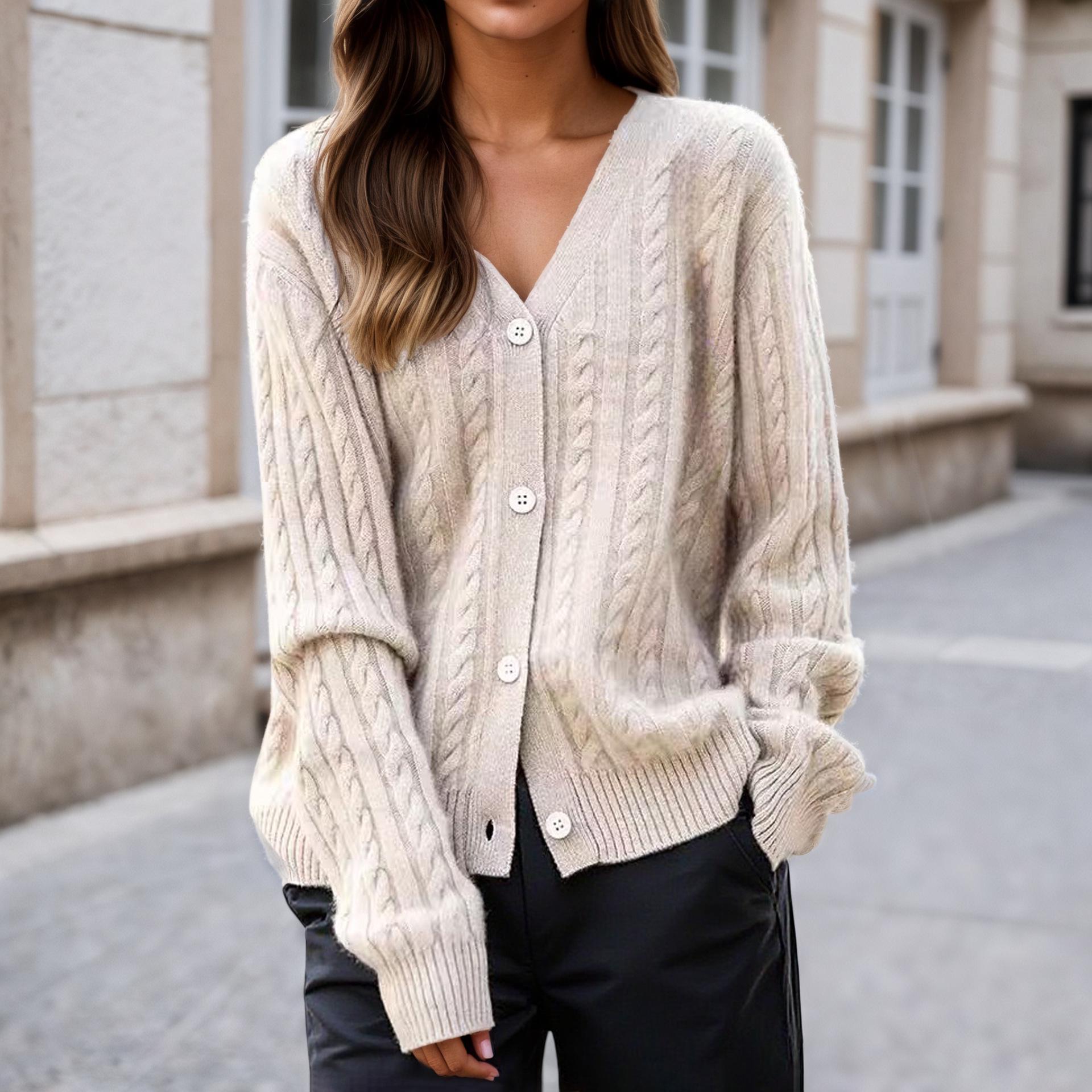 

Women s 2025 Autumn/Winter V-Neck Cable Knit Cardigan Sweater Coat Extra Large брудно-білий