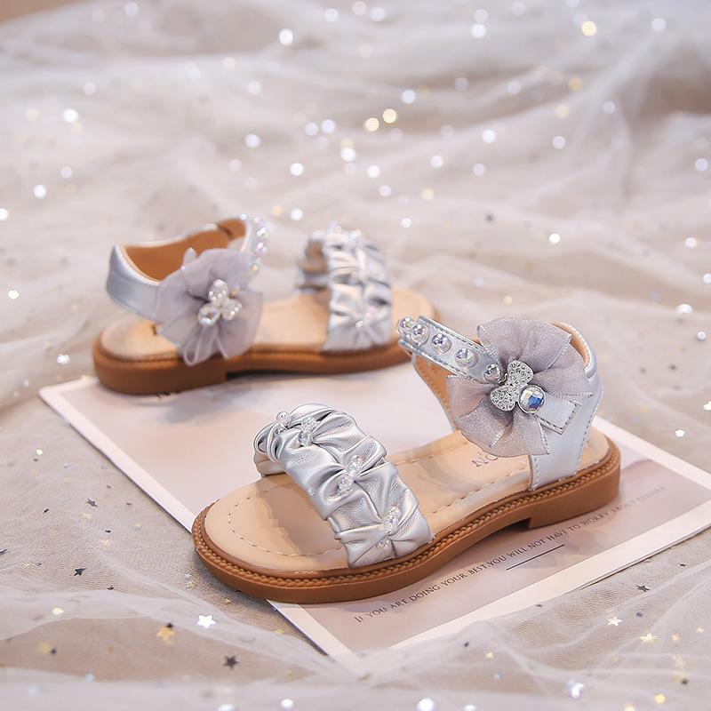 Girls Beach Shoes Pleated Sweet Kids Sandals Lace Bows Sweet Open Toes 2025 Summer New Children Casual Shoes Non-slip Soft Sole