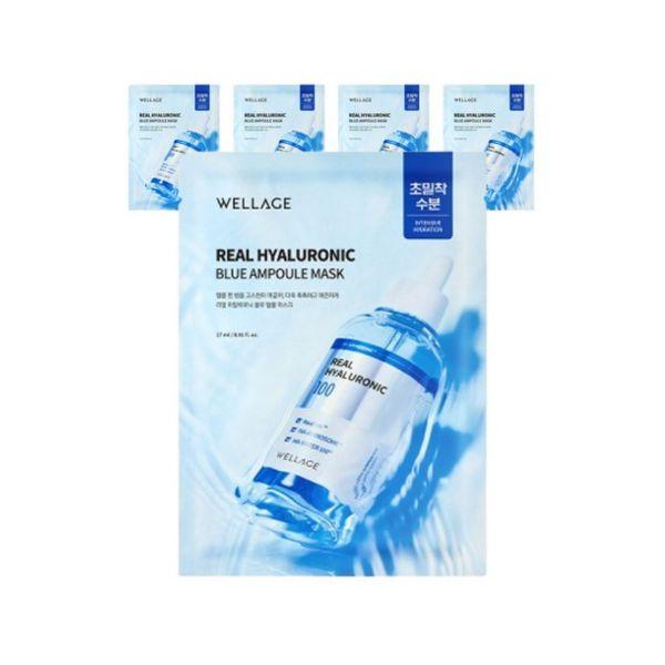 WELLAGE Real Hyaluronic Blue Ampoule Mask Pack Deep Hydration 27ml x 5 Sheets