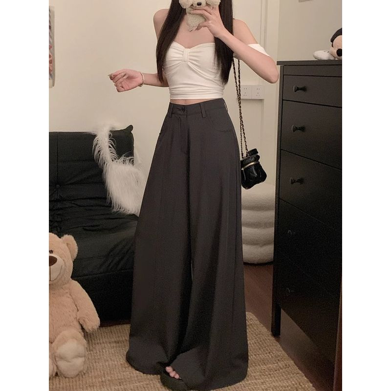 Kumikumi Retro Pure Color High Waist Casual Pants Suit Pants Women's Autumn Loose Drooping Loose Pants Mop Pants