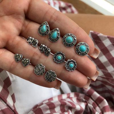Bohemian Retro Hollow Elephant Turquoise Diamond Stud Earrings Combination Set