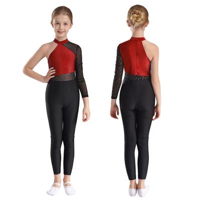 Girls Gymnastics Jumpsuit Glittery Rhinestones Sheer Mesh Long Sleeve Bodysuit Figure Skating Costume