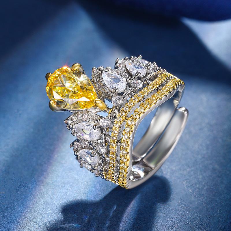 

Ювелирные изделия Медное основание Позолоченное Бриллиант с высоким содержанием углерода Огранка «Ледяной цветок» Корона Медь Инкрустированный Темпераментный Легкий Роскошный Кольцо Женщины 7 * 10