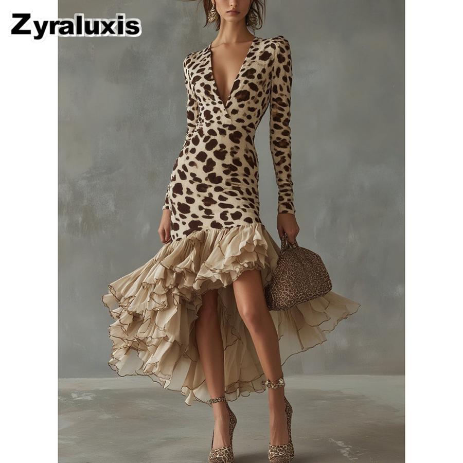 New Women s Long Sleeve V-Neck Digital Printed Stone Texture Patchwork Mesh Dress S