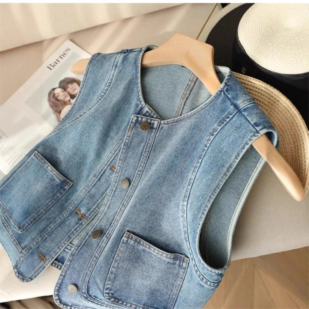 Women's Round Neck Sleeveless Denim Vest Loose Fit Vintage Washed Single Breasted Pocket Casual Waistcoat