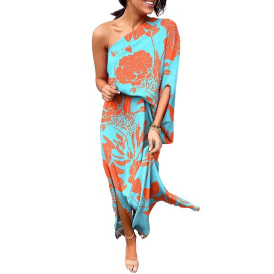 Women's One Shoulder Maxi Dress Batwing Sleeves Floral Printed Split Long Dress Pleated High Waist Cocktail Party Dress