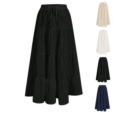 Women's Ruffled Spring Casual Long Skirt Plain Color Skirt Retro Pleated Skirt