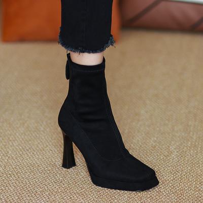 Automne et hiver femmes mat élastique talon haut talon épais bout carré imperméable table sac jambes fines bottines bottes courtes talons hauts