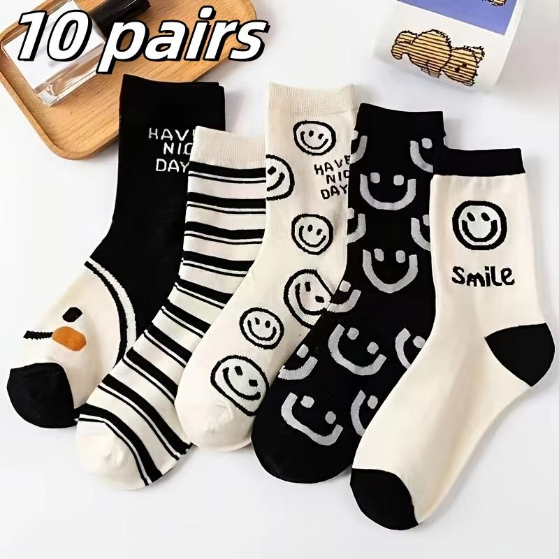 5 Pairs Happy Face Crew Socks , Cartoon Cat Breathable Cotton Mid Tube Socks, Women'S Stockings & Hosiery