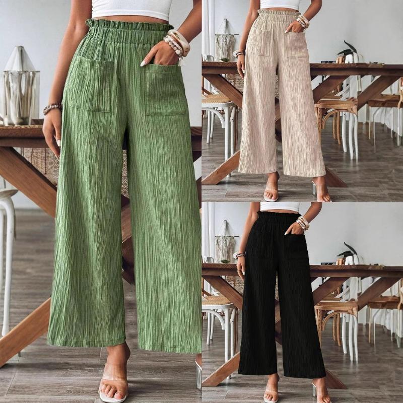 green beige black elastic waist textured wide leg pants with pockets for women